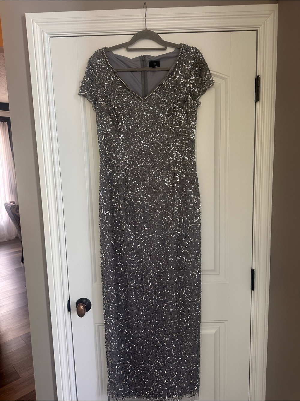 Adrianna Papell Silver Beaded Maxi Gown - Picture 3 of 11